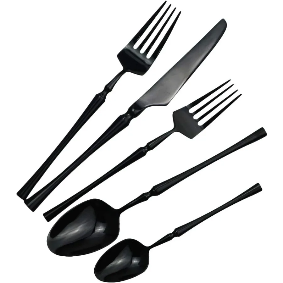 20 piece Black Flatware Set 304 Stainless Steel Fork Spoon Cutlery Luxury Mirror Polished Silverware Dishwasher Safe Service fo