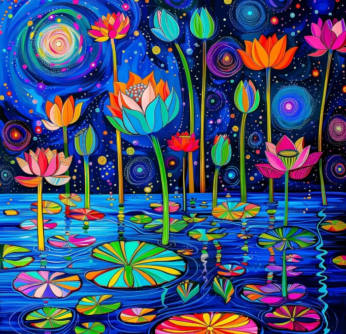 Jigsaw Puzzle 500PCS/1024 PCS Fantasy Starry Night Pond Colorful Blooming Lotus Water Lily Swirl Cosmic Background Wall Art Gift