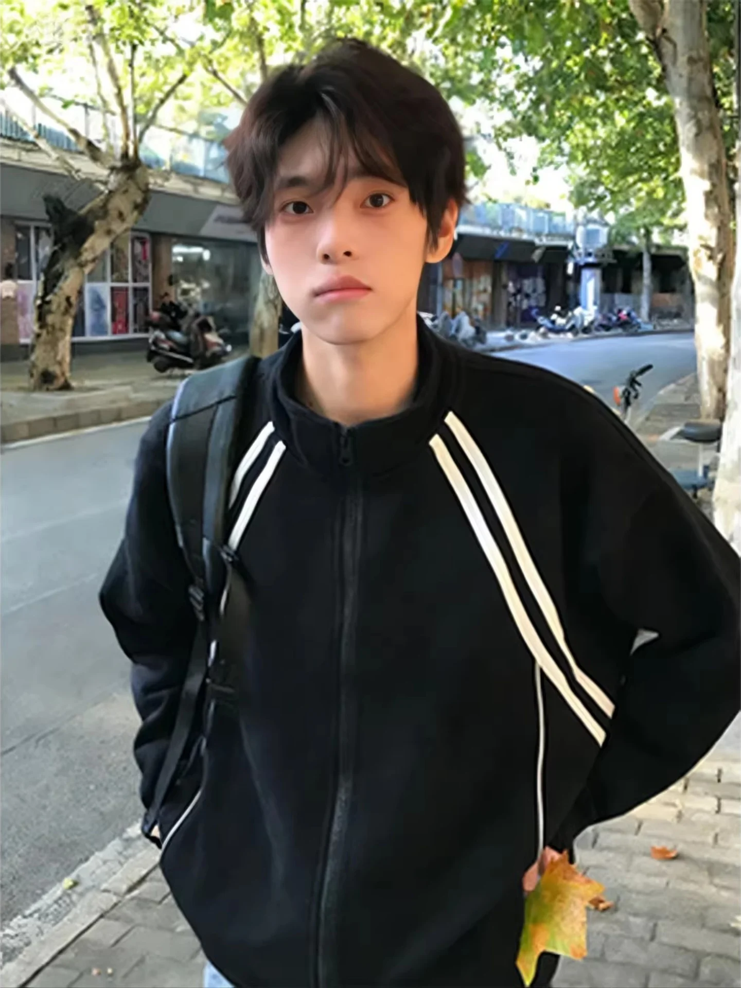 

Bla Striped Knitted Cardigan Sweatirt Men's Spring College Sle Stand Collar Jaet American Heavy Color Blo ort Coat