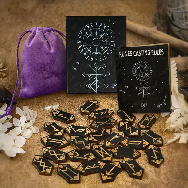 Viking Wooden Elder Futhark Rune Set Norse Divination Rune Stones with Purple Velvet Bag Guidebook, Witchy Altar Divination Kit