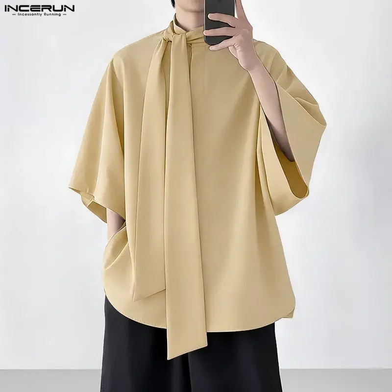 

INCERUN Men Shirt Solid Stand Collar Half Sleeve Casual Male Tops With Belt Loose Fashion Men Clothing Streetwear 2026 Shirts