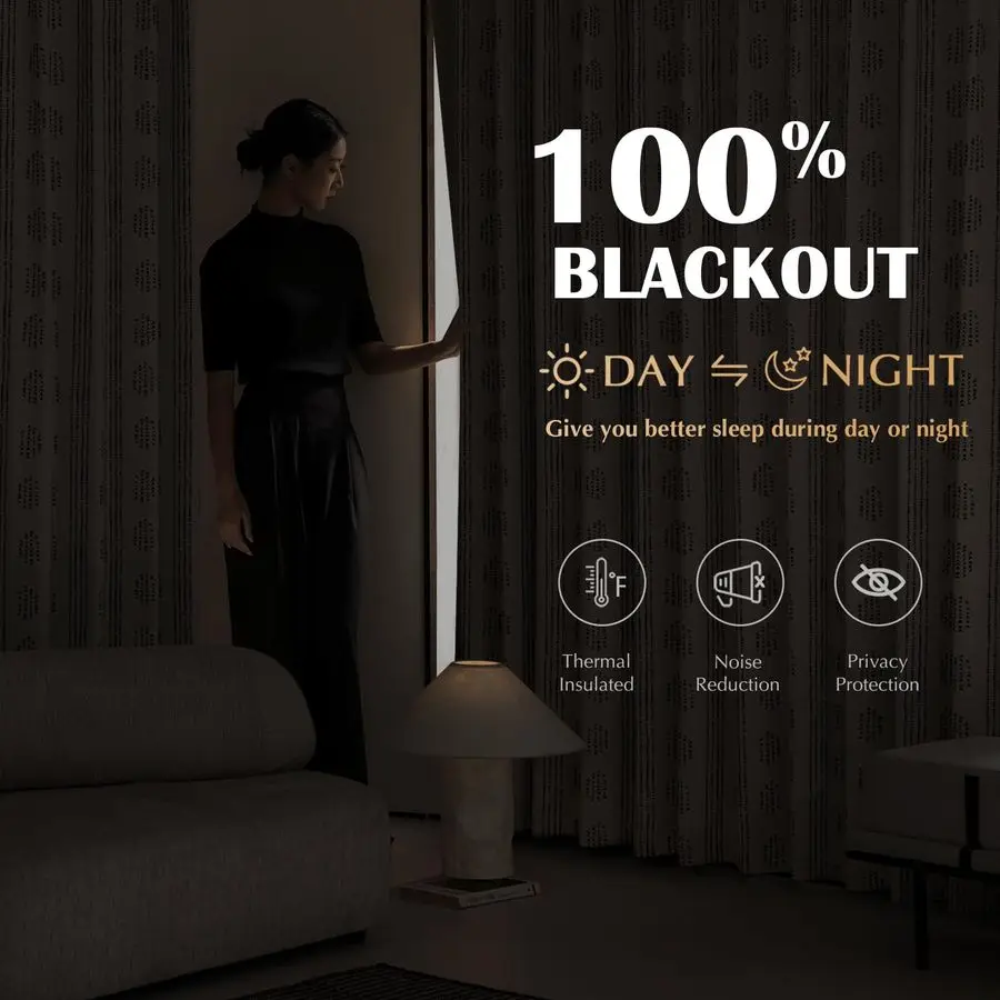 ผ้าม่านบังแสงสไตล์โบฮีเมียน ยาว 84 นิ้ว สำหรับห้องนอน สีดำบนพื้นสีเบจ ลายโบฮีเมียนสำหรับห้องนั่งเล่น ลายทางเรขาคณิต