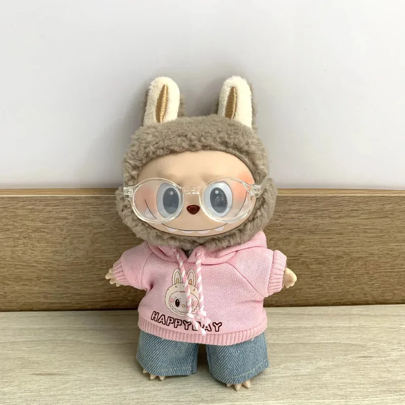 17cm Mini Doll Clothes Outfit Accessories For Labubu Doll Pop Solid Color Hoodie T-shirt Short Hat Bag Clothes Gift, Girl Toy