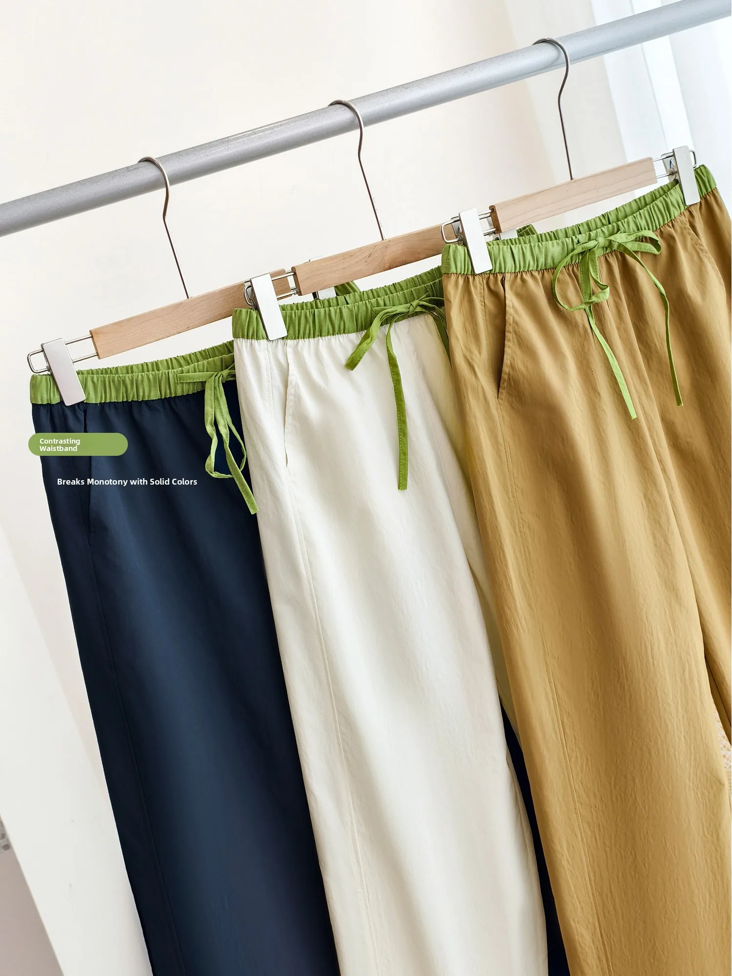 Quick Dry Ice Sensation Women's Casual Pants Color Block Waistband Stitching Straight Leg Polyester Fiber Natural Waist Elastic