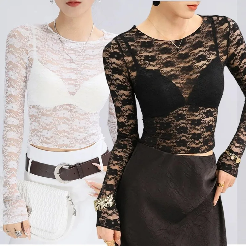 Summer Long Sleeves See Through Lace Crop Top Solid Color Sexy Bodycon T-Shirt for Women Party Club Autumn Winter Clothes