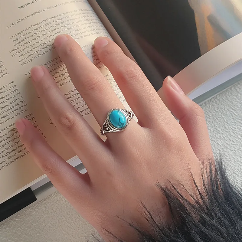 New Arrival Vintage Natural Turquoise Bohemian Style 925 Sterling Silver Ladies Engagement Rings Jewelry For Women Gifts