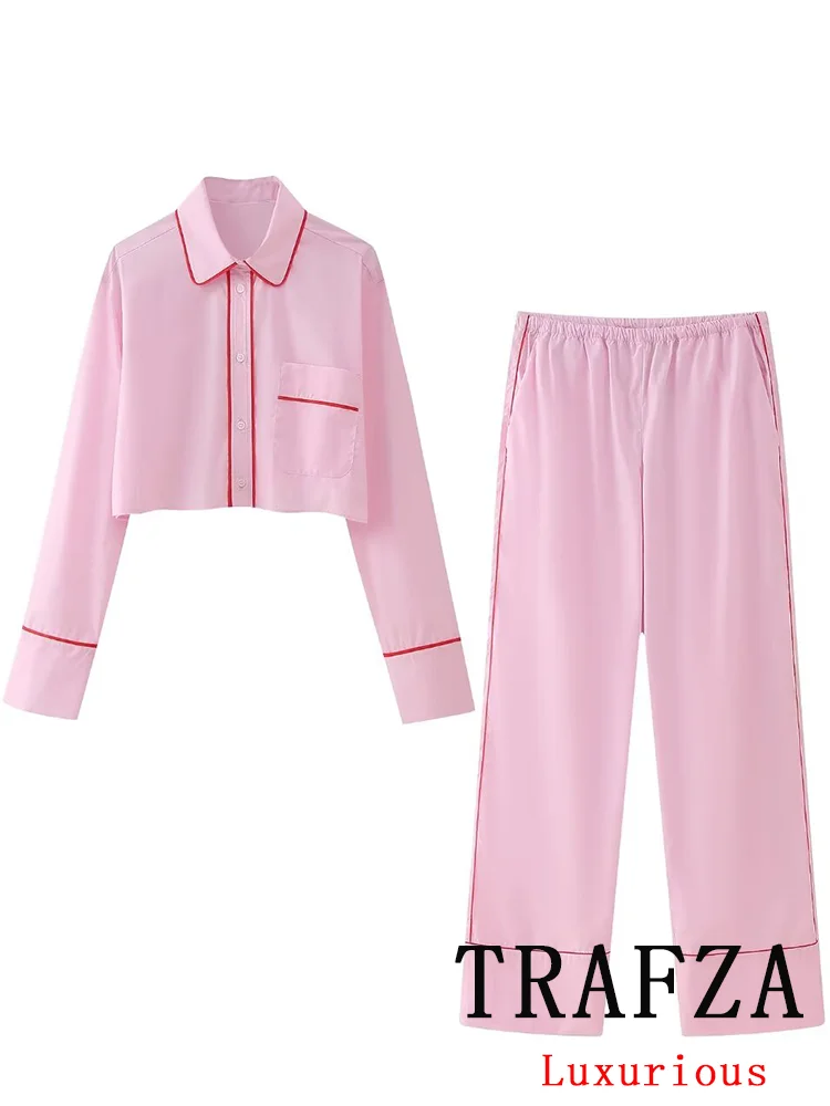 TRAFZA Vintage Chic Pink Women Suit Single Breasted Long Sleeve Shirt Loose Long Pants Chic Fashion 2024 Spring Basics Sets