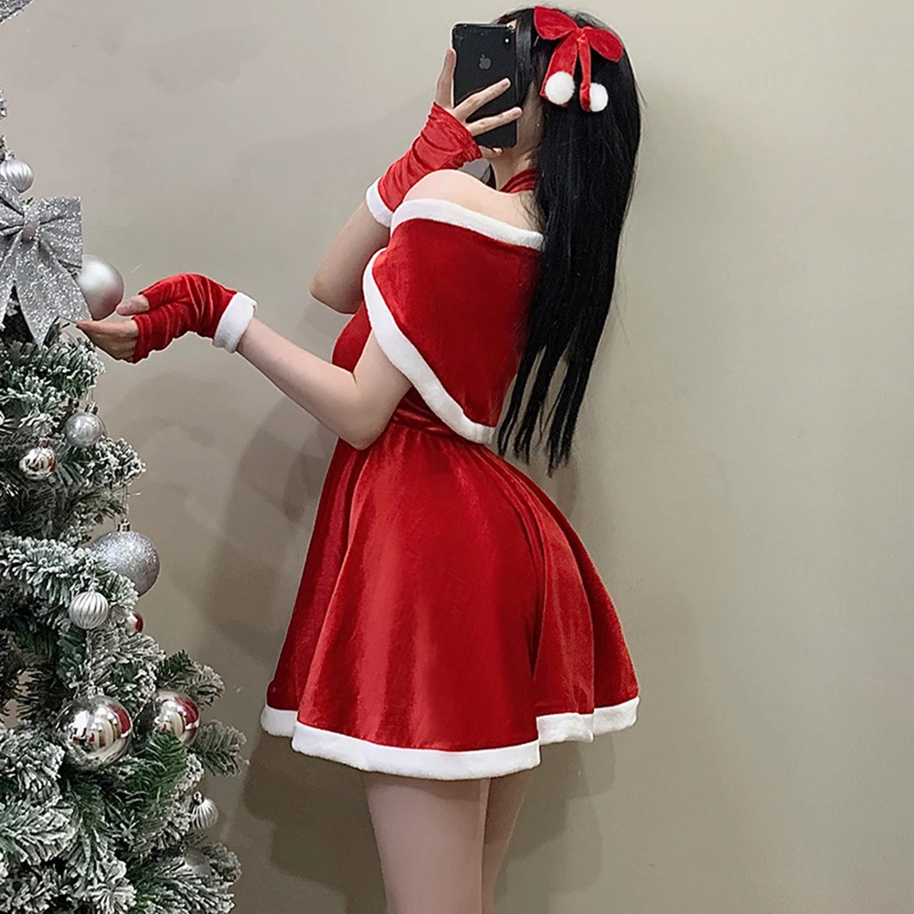 Sweet Princess Women Christmas Halter Velvet Dress with Shawl Winter Plush Cosplay Maid Outfit Anime Lolita Halloween Costume