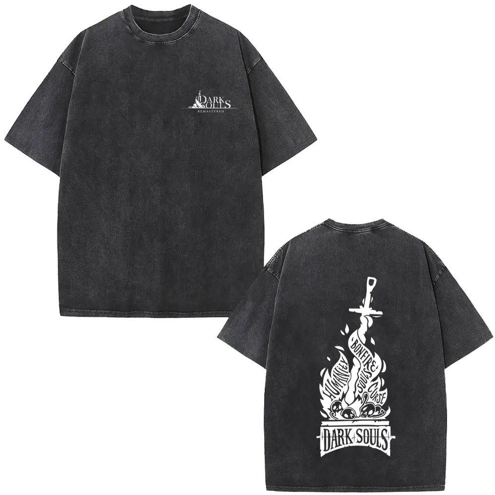 Washed Vintage Game Dark Souls Double Sided Print T-shirt Men Women Retro Gothic Rock T-shirts Men's Casual 100% Cotton T Shirts
