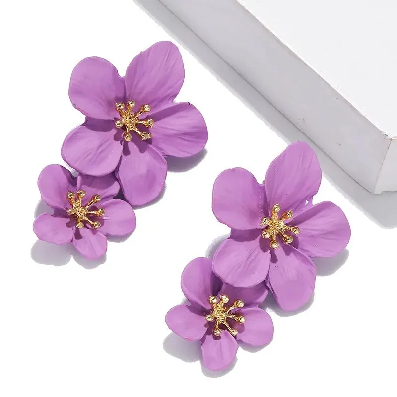 Purple Flower Drop Earrings For Women Double Layer Petal Flowers Earrings Dangle Daisy Spring Summer Earrings Party Jewelry