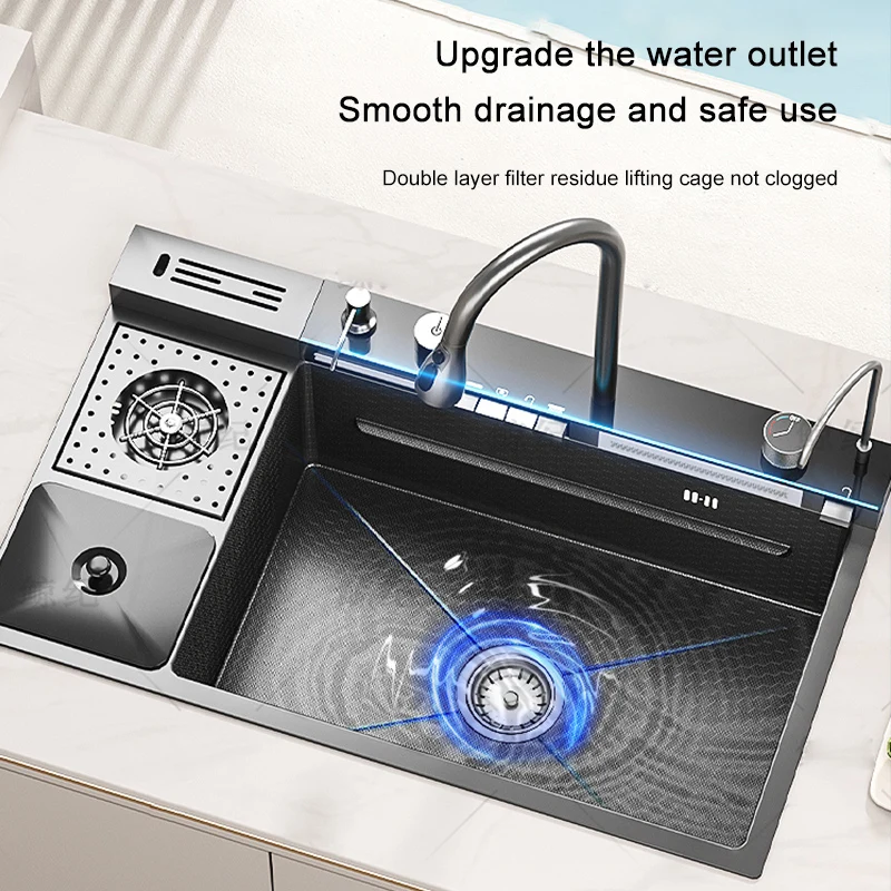 New Trend Black Smart Kitchen Nano Honeycomb Stainless Steel Sink with Waterfall Faucet for Hotel Undermount Kitchen