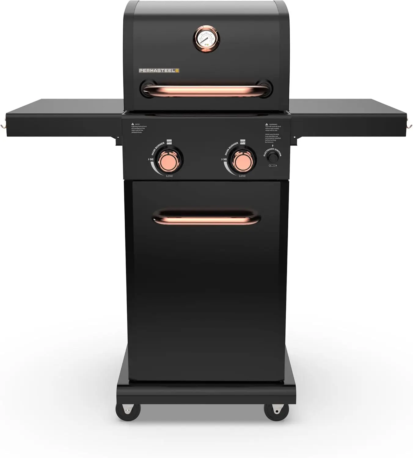 

2-Burner Gas Grill, Foldable Side Tables, Grilling Tool Hooks, Propane Gas Barbecue Grill, Black with Copper Accent