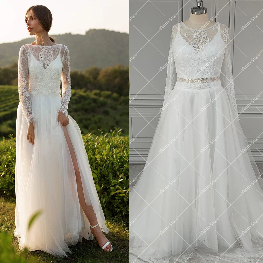 Customized Two Pieces Long Sleeve Lace Wedding Dress Boho Beach Plus Size Transparent Spaghetti Straps Tulle Rustic Bridal Gown