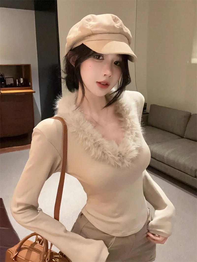 

Spicy Girl Design Sense Patchwork Fleece V-neck Long Sleeve Base Shirt Pure Desire Slimming Match All Pure Color Overhead Shirt