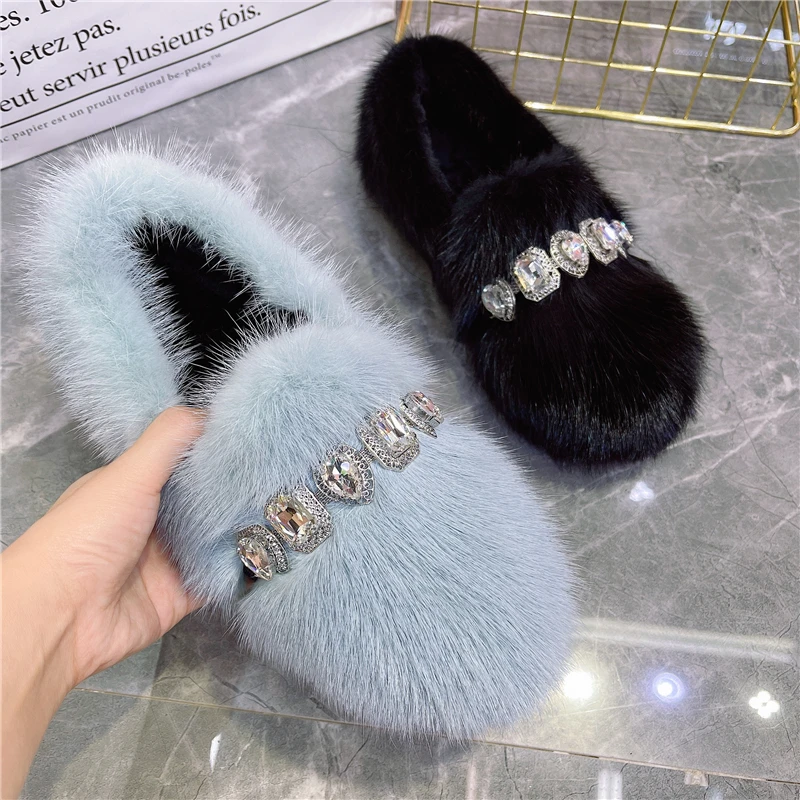 Yellow Women Flats Comfortable Moccasins Ladies Winter Warm Fur Loafers Crystal Decor Mink Fur Espadrilles Smoking Driving Shoes