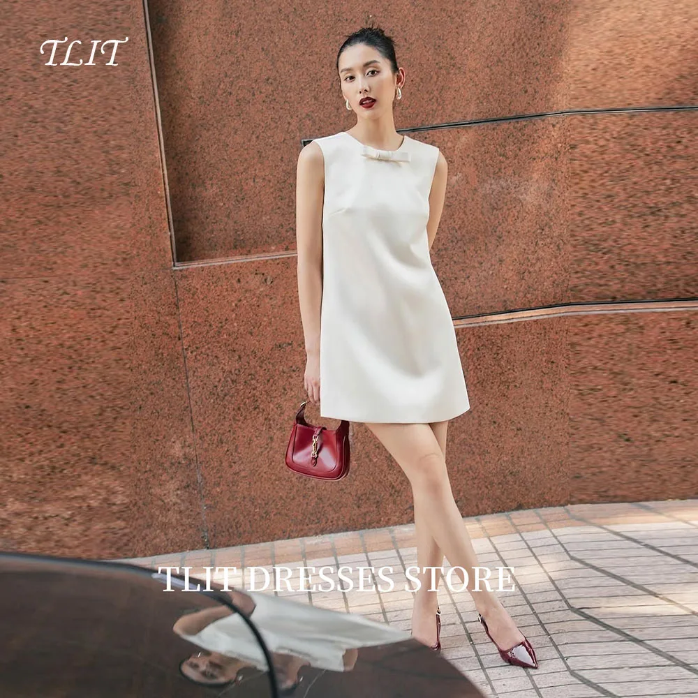 

TLIT Simple White Satin Wedding Dresses Short A-Line Bridal Gowns Backless Bow Korea Wedding Dresses Photo Shoot Customized