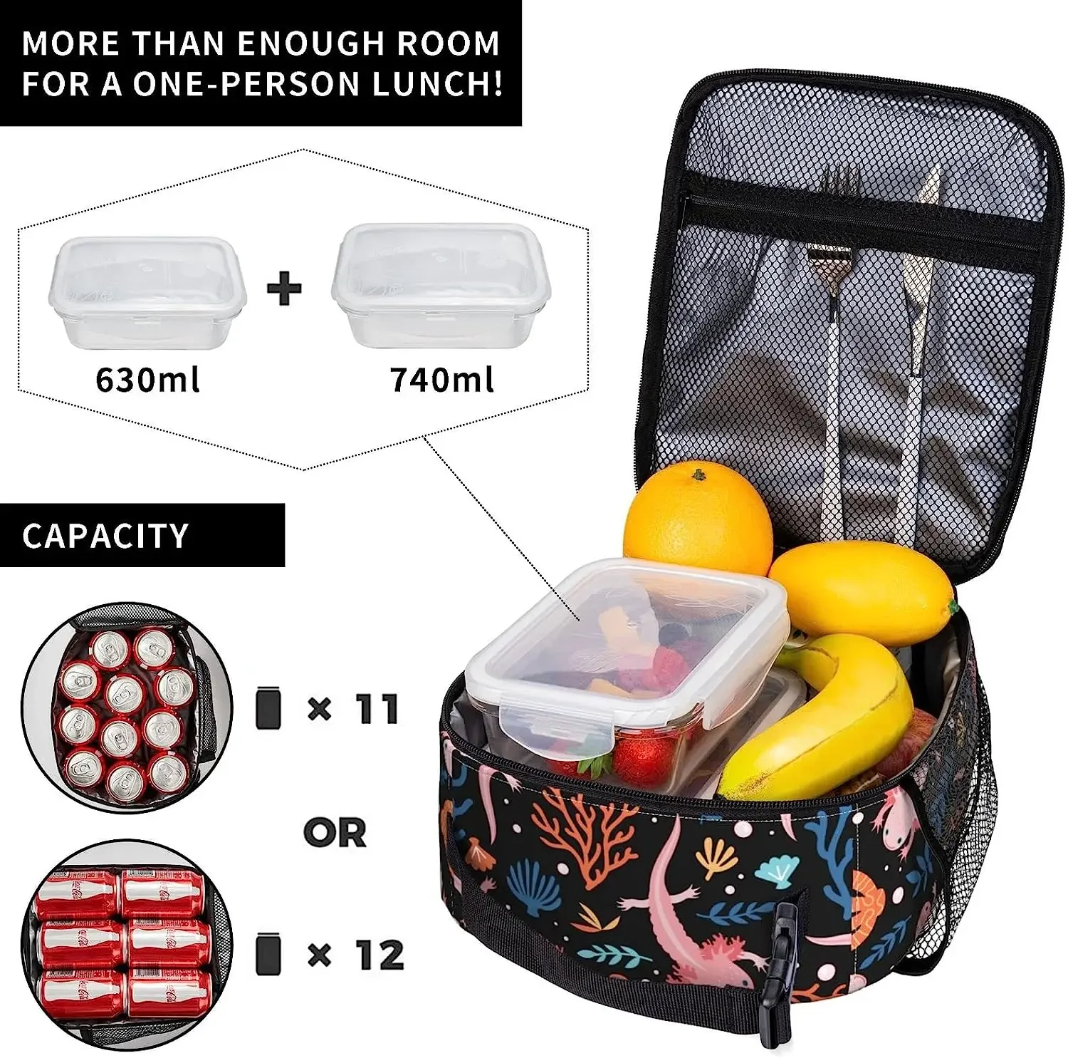 Axolotl Lunch Box Reusable Insulated Lunch Bag Thermal Cooler Bento Tote for Boys Girls School Men Women Picnic Travel Hiking