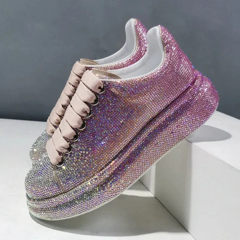 2024 Autumn Leather Women Shoes New Style Fashion Pink Platform Shoes Ins Platforms Sneakers Tide Shine Bling Rhinestone Shoes