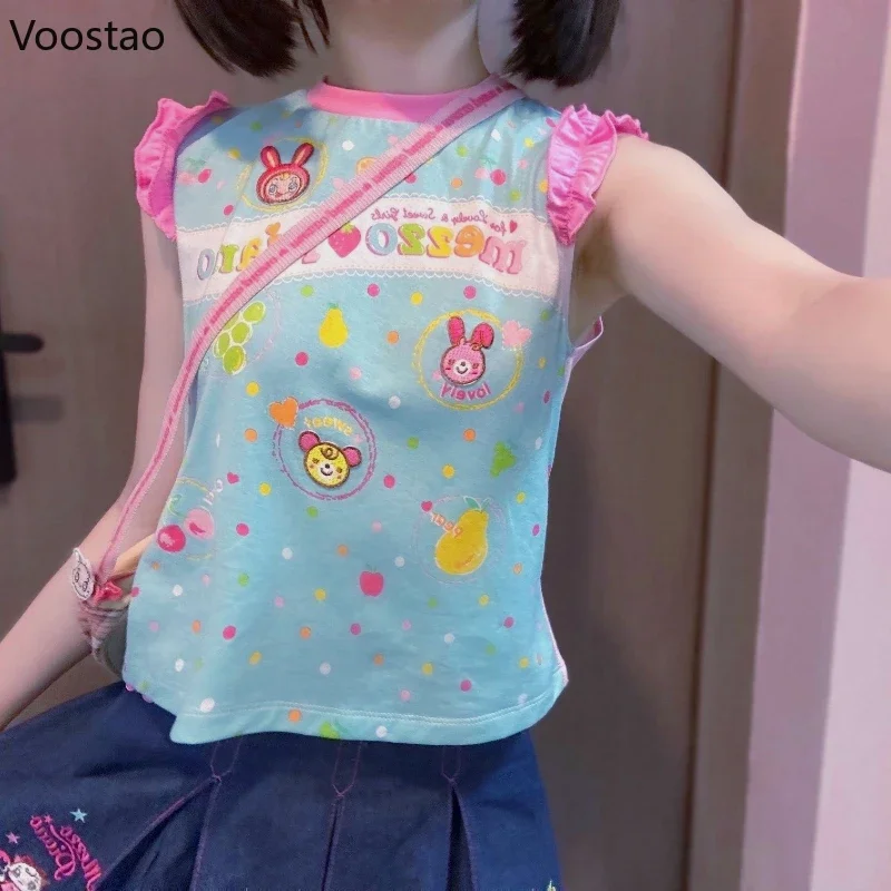 Japanese Cartoon Print Lolita T-shirt Women Sweet Y2k Aesthetic Flying Sleeve Crop Tops Girls Harajuku Grunge Kawaii Summer Tees