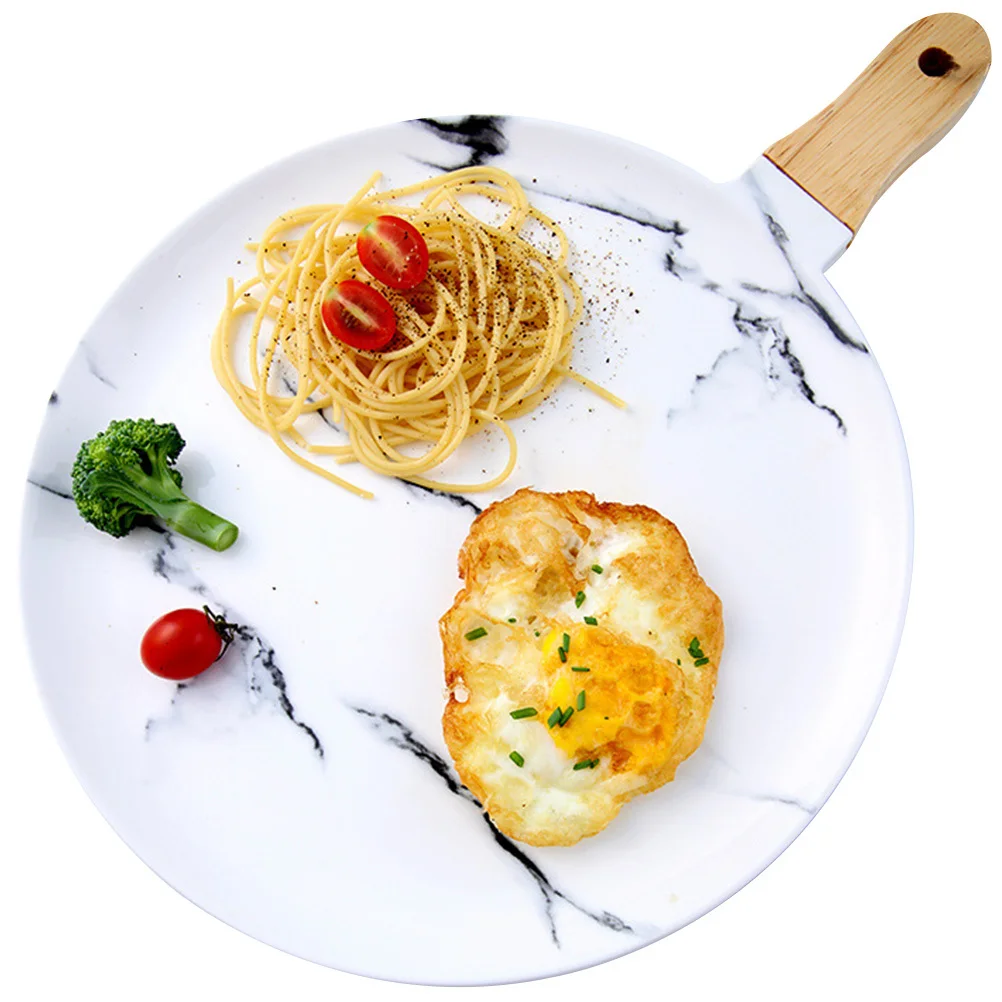 

Ceramic Pizza Plate Sweet Dessert Board Round Serving Tray for Bread Steak Charcuterie with Handle Natural Wood Rim Home Kitchen