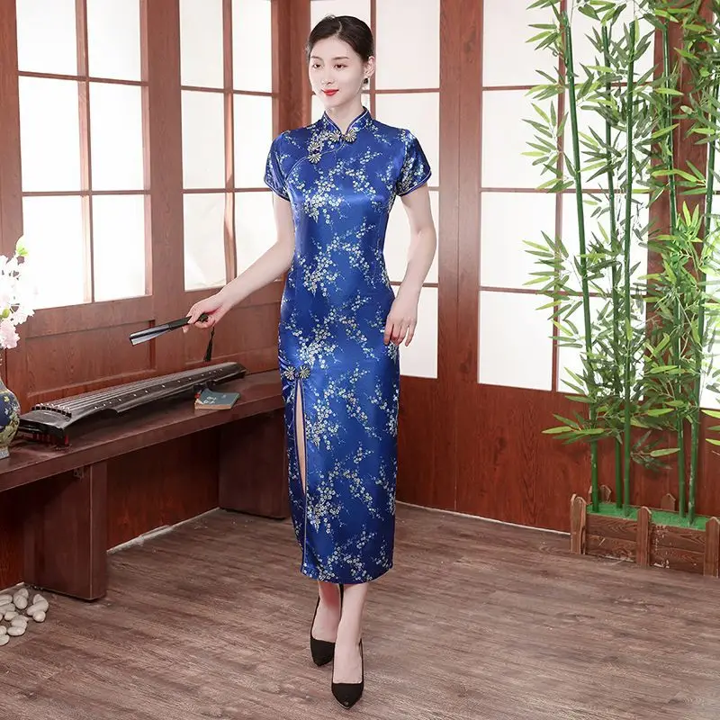 

Elegant Split Qipao Improved Chinese Style Dresses Women Satin Dragon Phoenix Cheongsams Summer New Vestidos Qipao