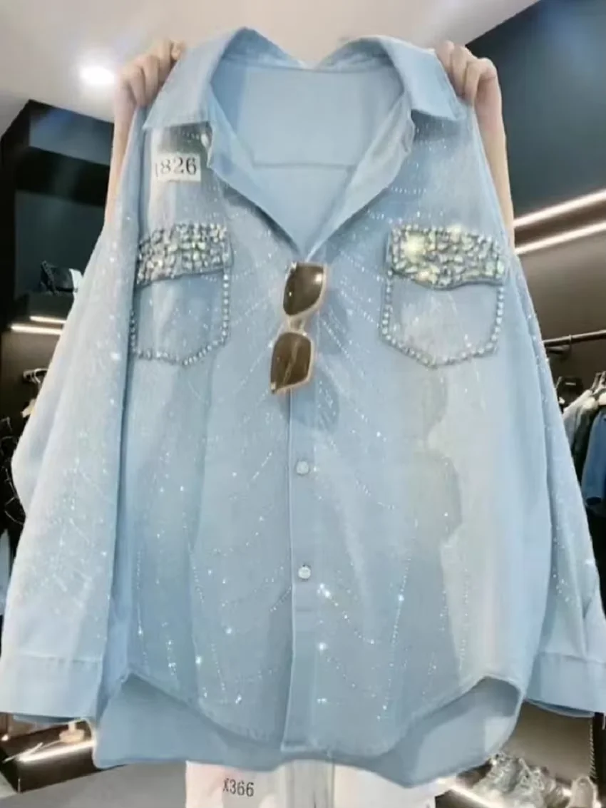 

Heavy Embroidery Hot Drilling Y2K Denim Shirts Blouses For Women's Spring Autumn Light Blue Loose-Fitting Mid-Length Denim Tops