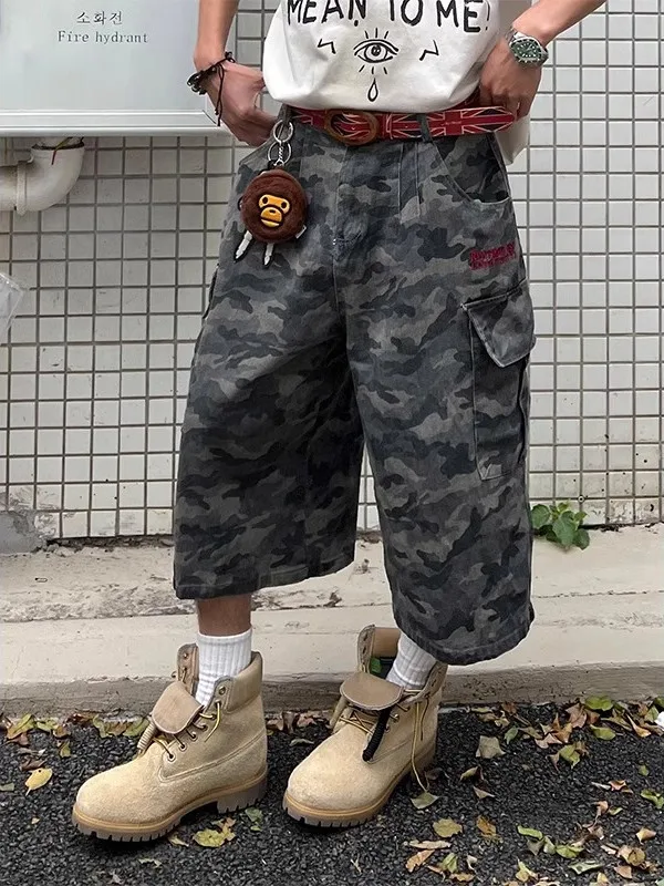 

American Retro Embroidered Camouflage Workwear Pants Loose Fit Men's Summer Casual Versatile Wide Leg orts Trendy