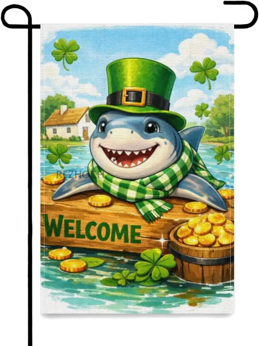St.Patrick’s Day Fun Shark Garden Flag 12x18Inch,Lucky Irish Animal Welcome Yard Flag,Double Sided Green Clover Gold Coins O ZZM