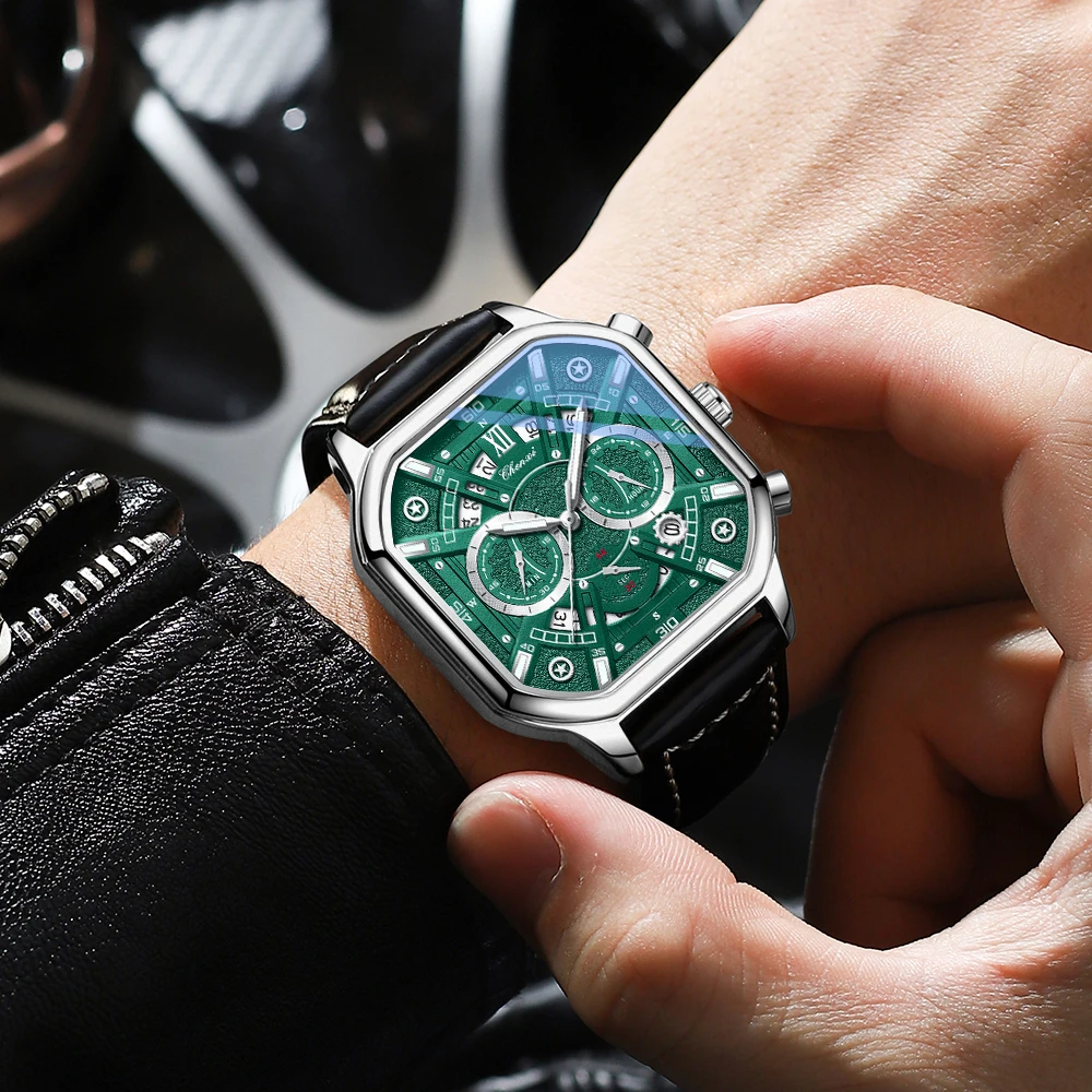 

CHENXI брендовые часы мужские многофункциональные календари светящийся хронограф водостойкий кожаный ремешок кварцевые мужские квадратные часы с большим циферблатом