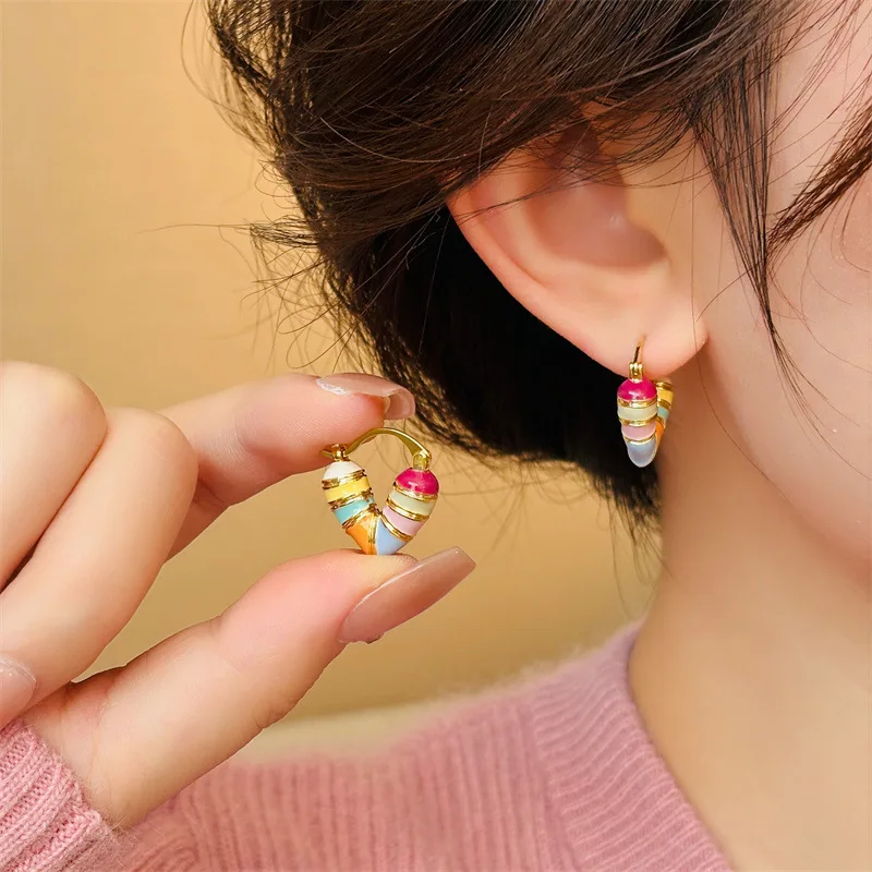 Colorful Heart Ear Buckle 2024 New Korean Fashion Women\'s Earring Precious Hoop Earrings Gold Plating Jewelries Girl Gifts