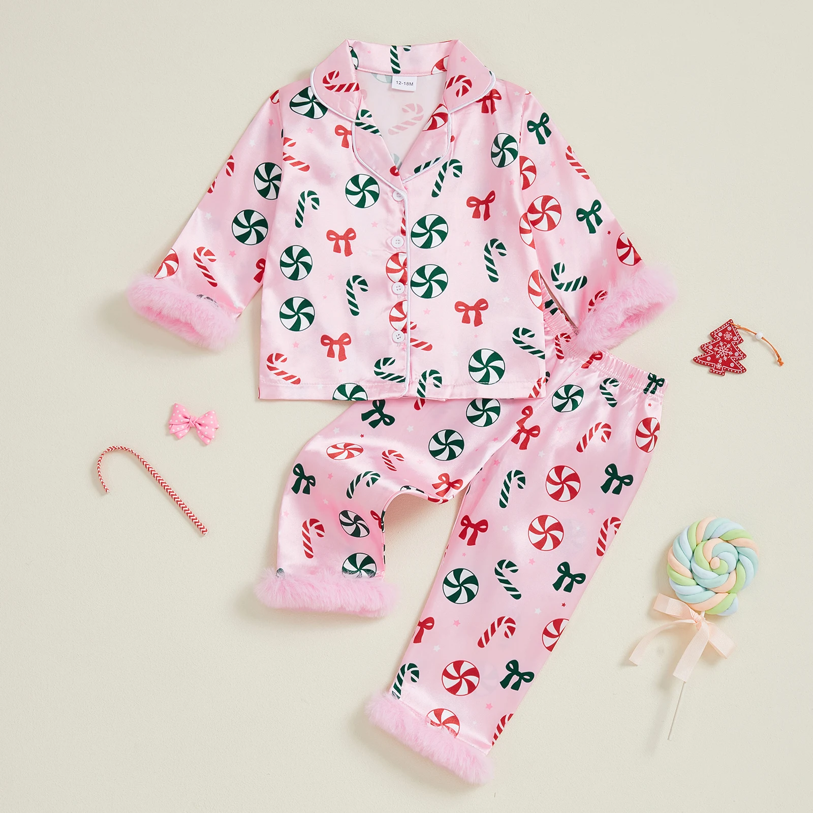 

Kids Girls Christmas Pajamas Set Bow Candy Print Long Sleeve Tops with Elastic Waist Pants Satin Sleepwear for 1 to 7 Years