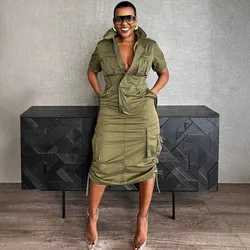 Women Spring Summer Dress 2025 Casual Slim Safari Style Dress Retro Elegant V-Neck High Waist Short Sleeve Party Pencil Dress