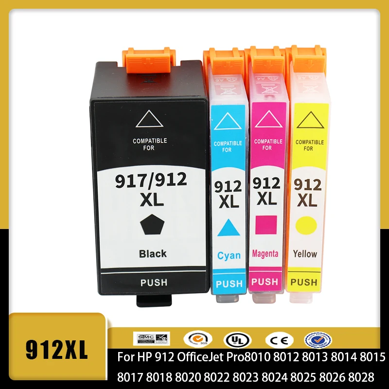 Vliaxh 4pcs 912xl 912 Ink cartridge Compatible for hp OfficeJet 8010 8012 8013 8014 8015 8017 8018 Printer Ink Cartridge hp912XL