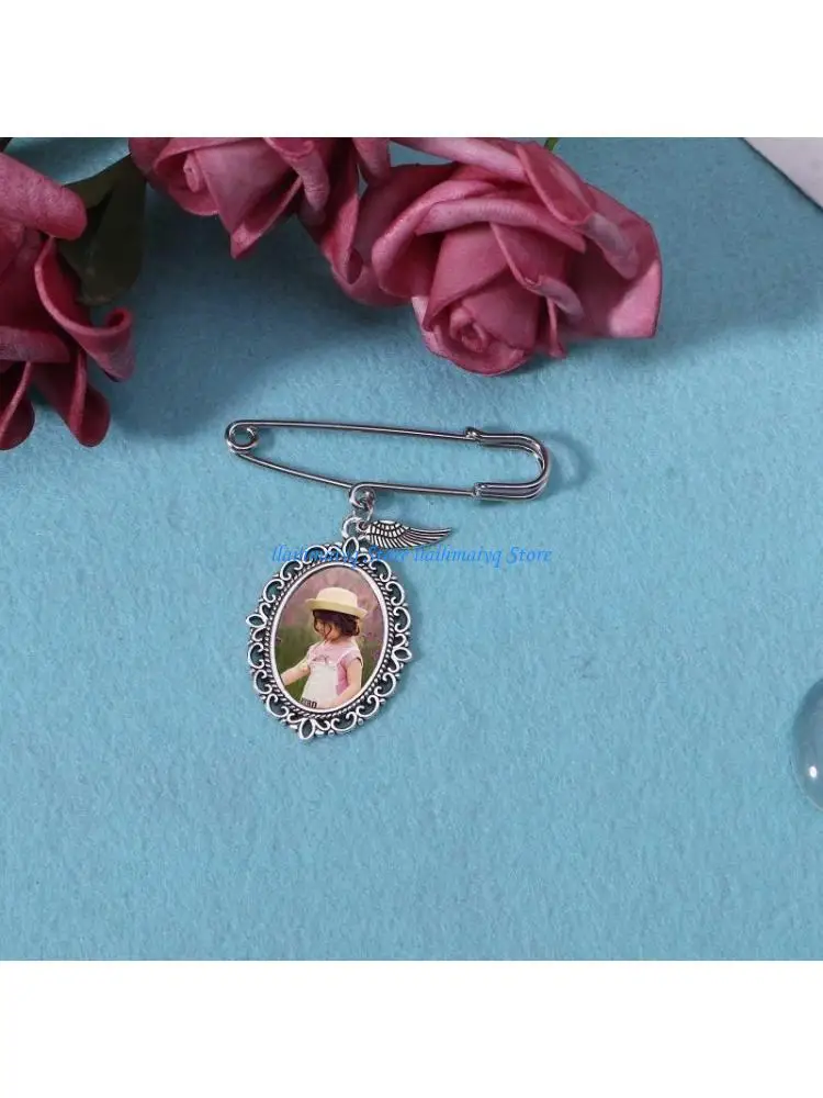 573B Photo Brooch Pendant Angel Wings Oval Bouquet Charm Pin Wedding Boutonniere
