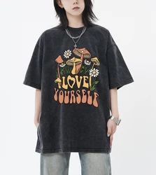 Love Yourself Blooming funghi e fiori lavati t-Shirt donna Casual All-Match Top Trendy Cotton Clothes t-Shirt allentata