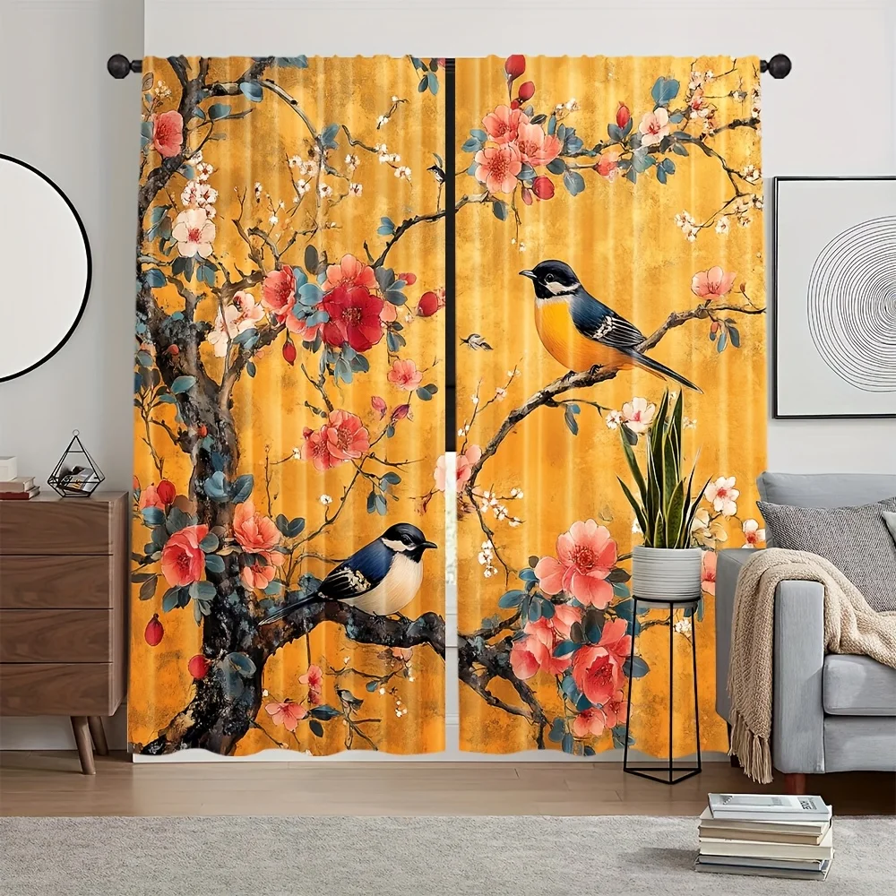 2 Panels Oriental Bird Flower Curtains Chinese Art Plum Blossom Drapes Blackout Printed Polyester Window Treatment for Living