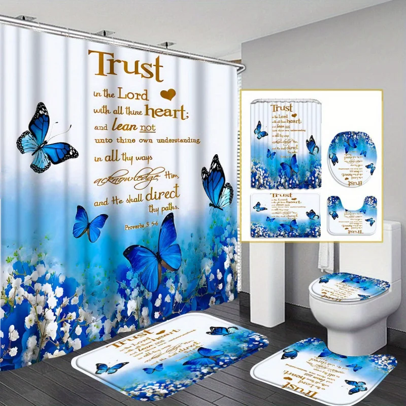 1pcs/4pcs Blue Butterflies and Flowers Printing Shower Curtain Gift Modern Home Bathroom Decoration Curtain and Toilet Floor Mat