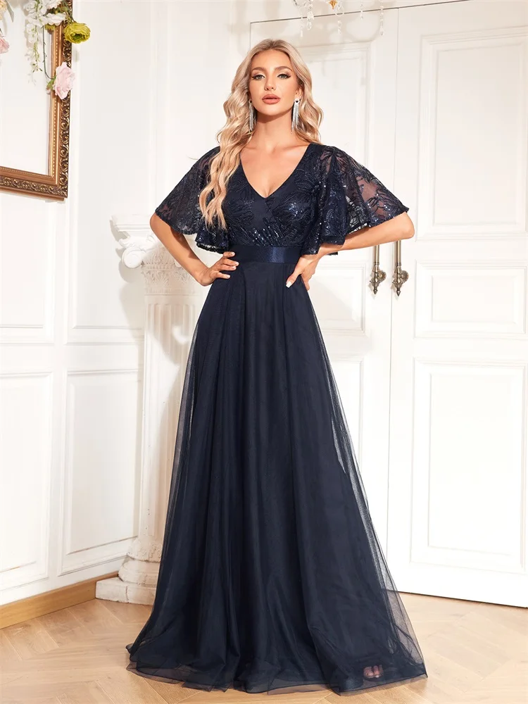 Lucyinlove-Robe de Soirée à Paillettes pour Femme, Col en V, Manches Courtes, Bleu, Élégante, Longueur au Sol, Bal, Cocktail, Luxe, Neuf