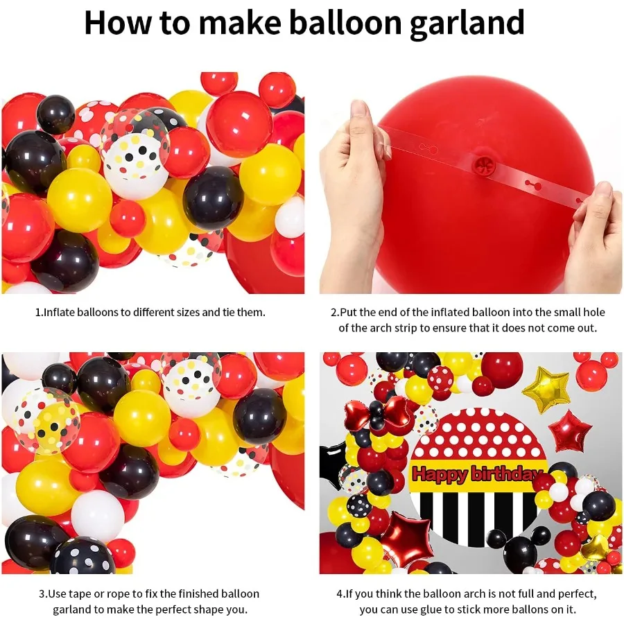 142 قطعة من بالونات الماوس مجموعة جارلاند من رقائق النثار باللون الأسود والأحمر والأصفر والأبيض لتزيين حفلات أعياد الميلاد على شكل فأر كرتوني