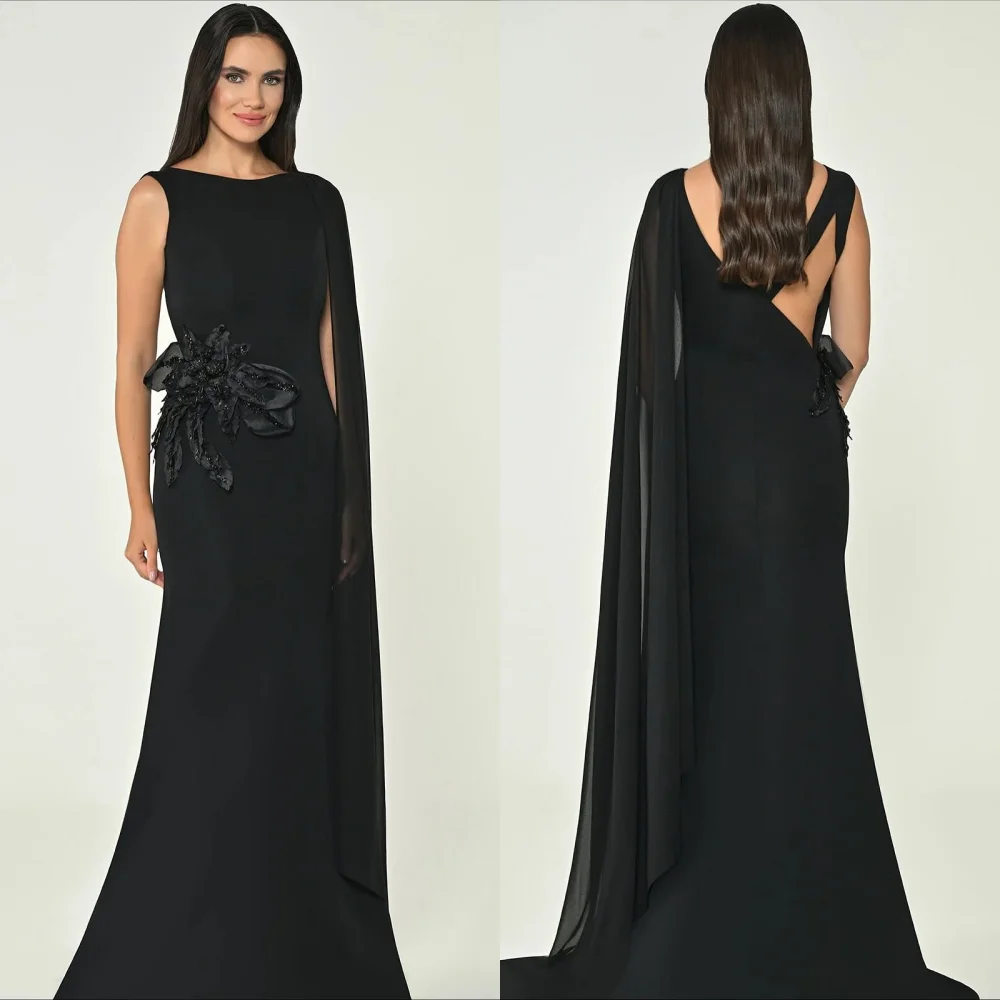 

Customized Sparkle Jersey Pleat Flower Trumpet Jewel Long Dresses Bespoke Occasion Homecoming High Quality Formal