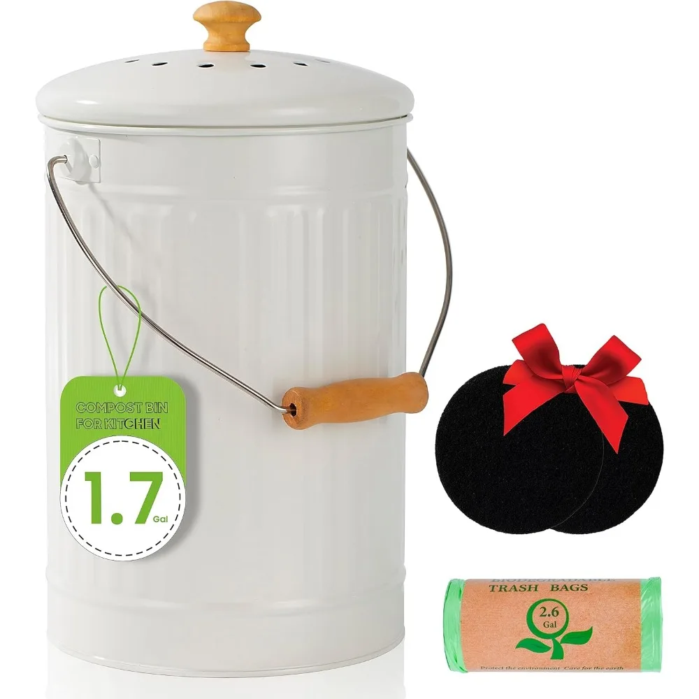 

Кухонная компактная корзина емкостью 1,7 галлона, комнатная настольная компактная корзина с крышкой, 100% устойчивое к ржавчине компасное ведро с небьющимся уголью f