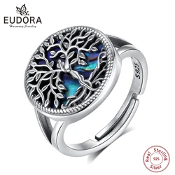 Eudora 925 Sterling Silver Tree of Life Adjustable Ring for Men Women Elegant Natural Abalone Tree Ring Fine Jewelry Party Gift