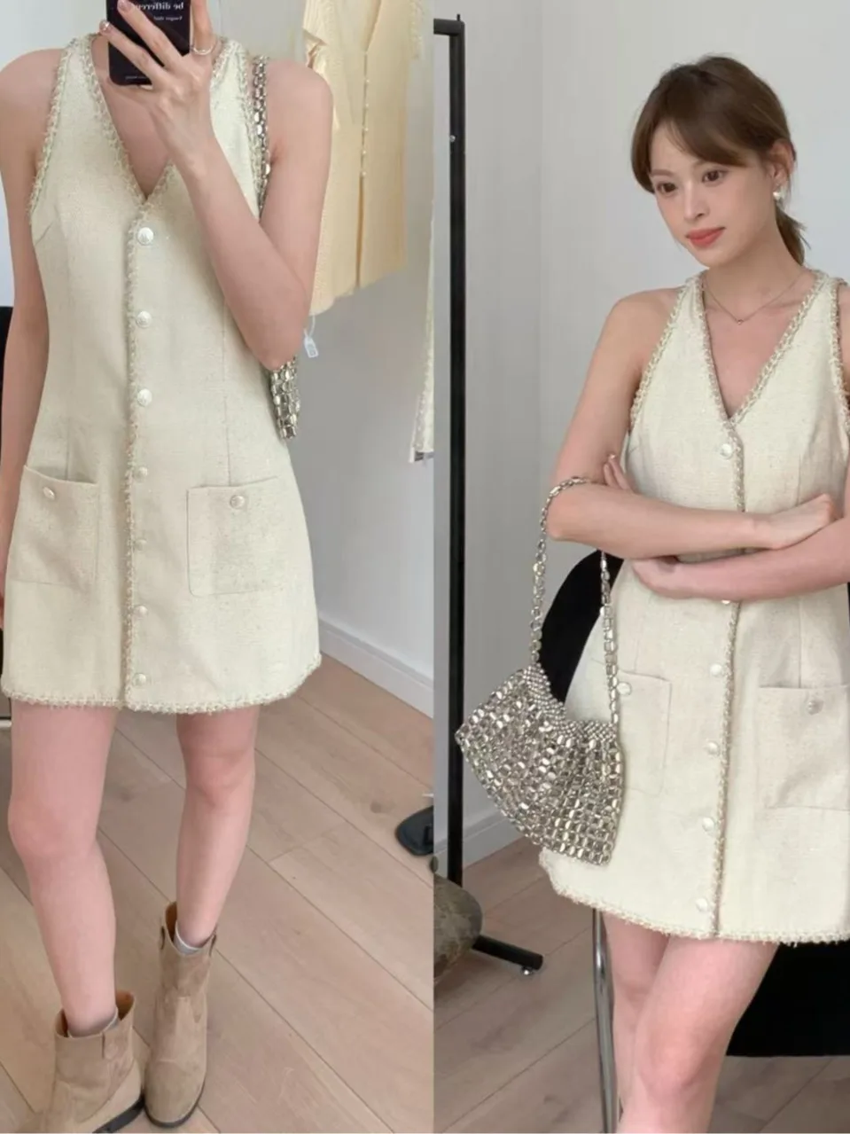 iny Pailletten Dr Damen Sommer Neue Sle Kleine Fraance Sle Hängen Ne Strap Dr V-ne Einzigen Knopf Verschluss