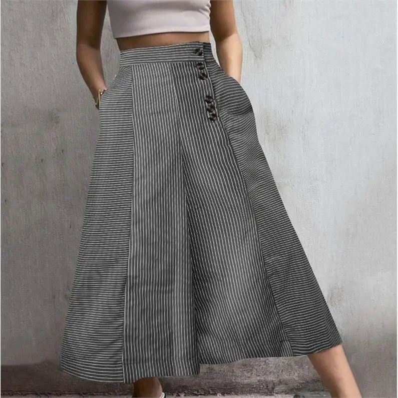 Faionable High Waist Striped Wide Leg Casual Pants Loose Fit Button up Comfortable Women's Summer Thin Material Long Trousers