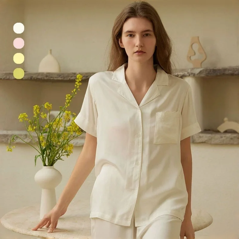 

New Cotton Satin Nightwear Set & Nightgown with Artistic Style, Pocket Embroidery and Small Turn-Down Collar - Multiple Colors A