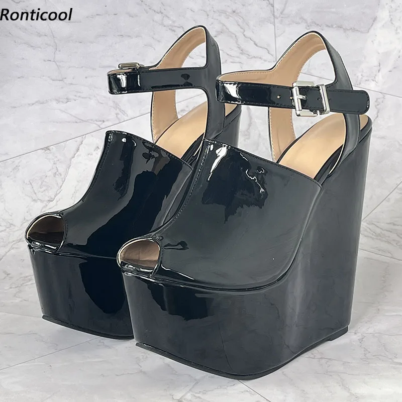 Ronticool Handmade Women Platform Sandals Patent Wedges High Heels Peep Toe Elegant Black Casual Shoes Ladies US Plus Size 4-15