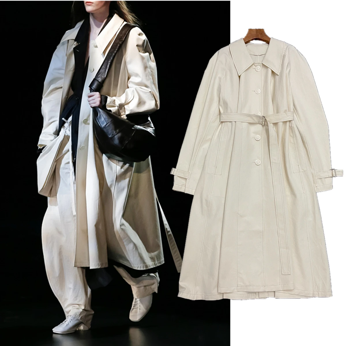 Dave&Di French Vintage Drop Shoulder Cotton Linen Windbreaker Women Autumn Winter Simple Commuting Belt Overcoat Jacket