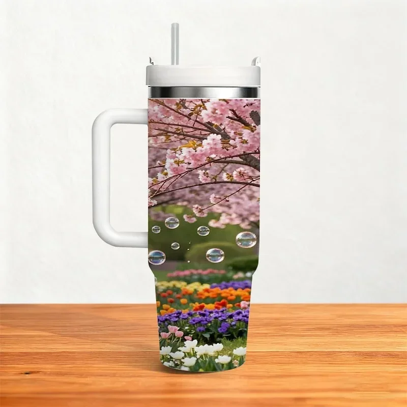 Vibrant Spring Cherry Blossom & Colorful Tulip Digital Print 40oz Stainless Steel Insulated Tumbler, Whimsical Scenery Design with Floating Bubbles, Keep Drinks Cold/Hot for Daily Use, Outdoor Trips & Office Drinks