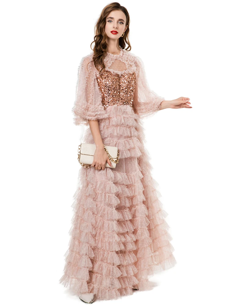 Dldenghan lantejoulas dot malha maxi vestido para mulher o pescoço mangas alargadas em camadas babados festa do vintage bolo vestido de verão feminino