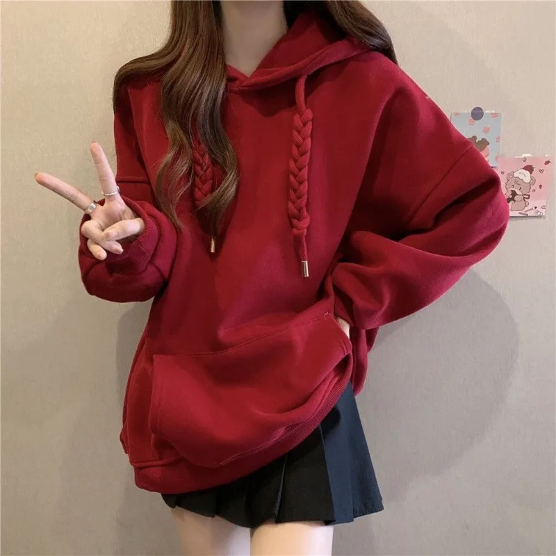 QWEEK Korean Style Hooded Sweatshirts Christmas Red Women\'s Hoodie Oversize Long Sleeve Pullovers Autumn Winter Warm Fashion New